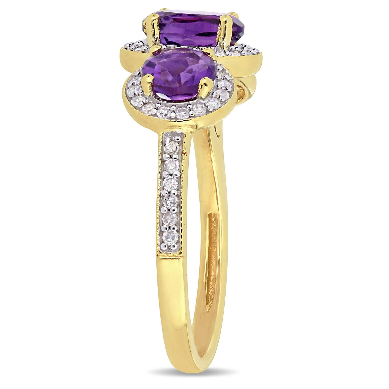 Tangelo 1-5/8 Carat T.G.W. Amethyst and 1/3 Carat T.W. Diamond Yellow Plated Sterling Silver Three-Stone Halo Ring
