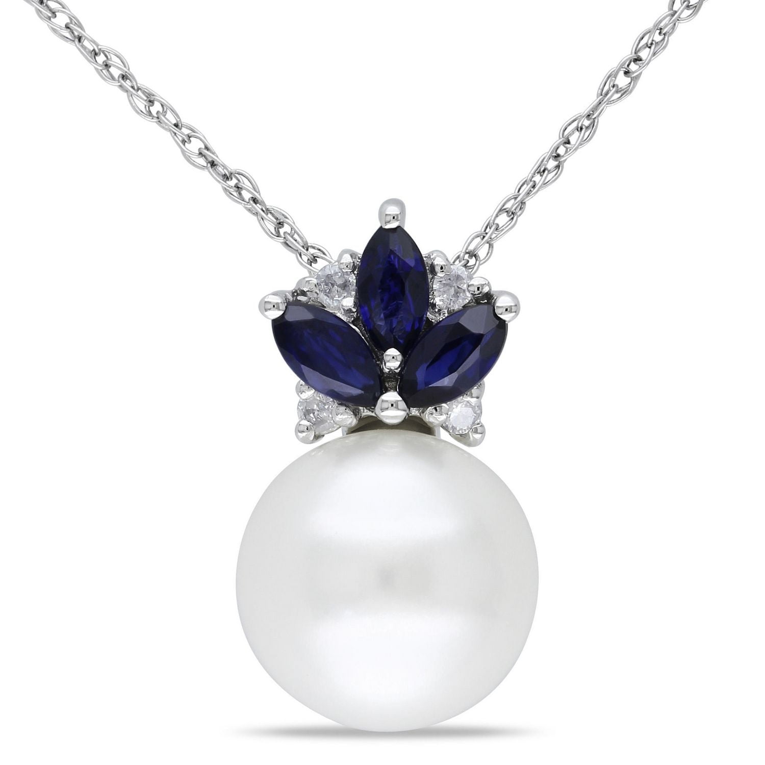 Tangelo 8.5-9mm Cultured Freshwater Pearl, 1/3 Carat T.G.W. Sapphire and Diamond-Accent 10 K White Gold Pendant, 17"