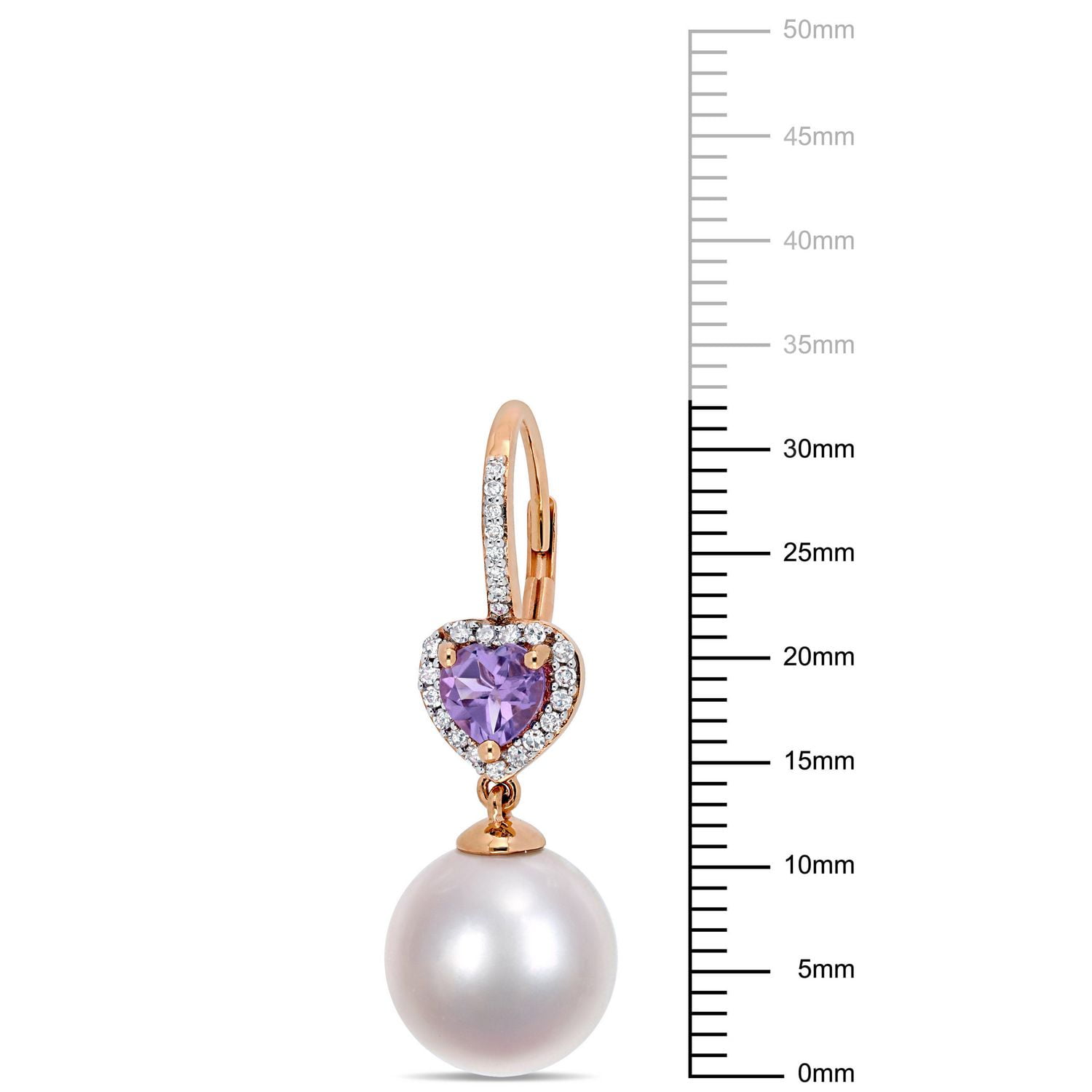 Tangelo 11-12mm Cultured Freshwater Pearl, 4/5 Carat T.G.W. Amethyst and 1/5 Carat T.W. Diamond 10 K Rose Gold Heart Dangle Earrings