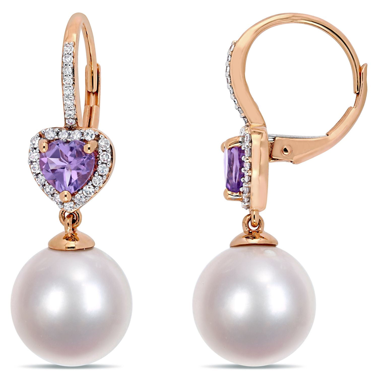Tangelo 11-12mm Cultured Freshwater Pearl, 4/5 Carat T.G.W. Amethyst and 1/5 Carat T.W. Diamond 10 K Rose Gold Heart Dangle Earrings