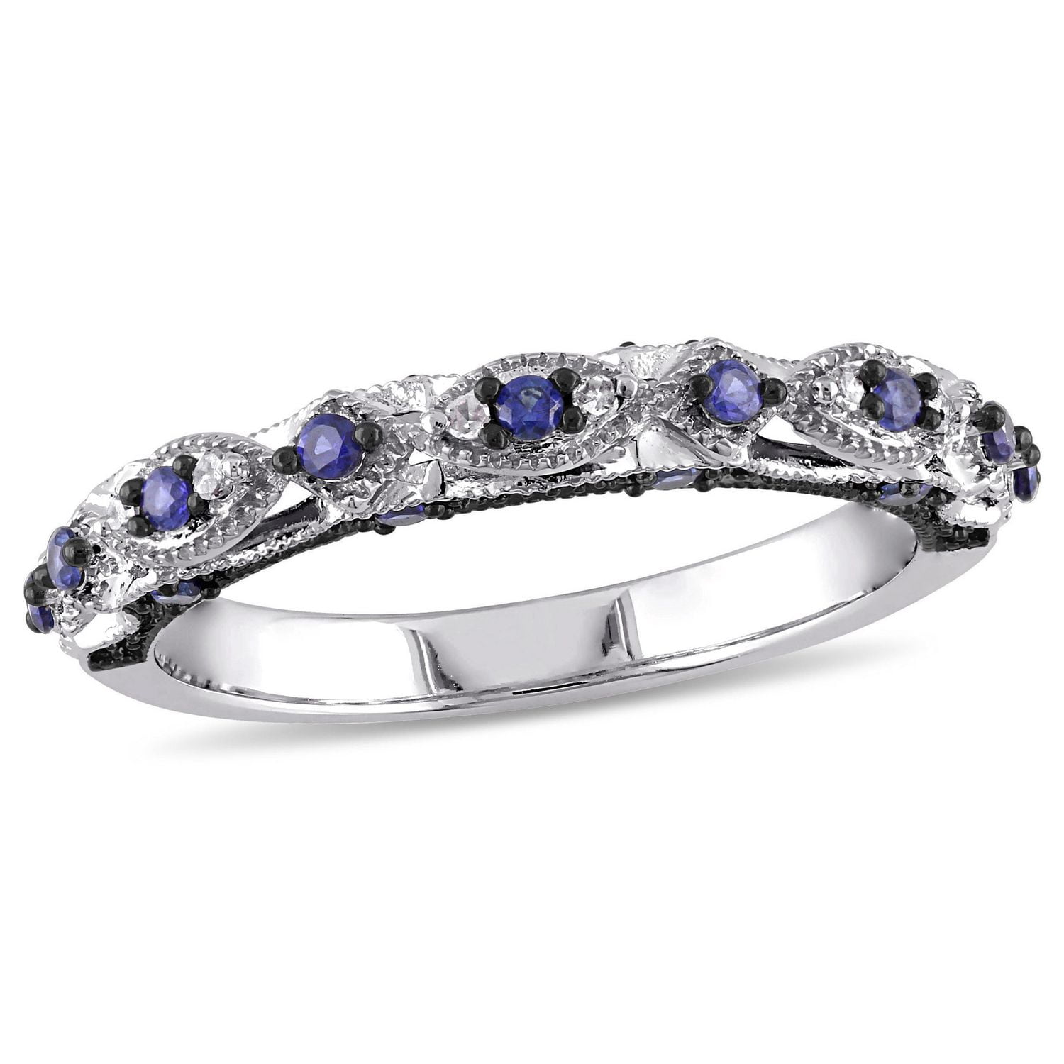 Tangelo 1/3 Carat T.G.W. Created Blue Sapphire and Diamond-Accent 10 K White Gold Vintage Band