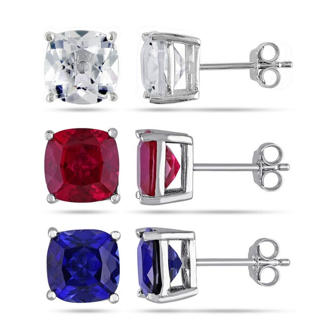 Tangelo Created Ruby and Created Blue and White Sapphire Sterling Silver 3-Piece Stud Earrings Set
