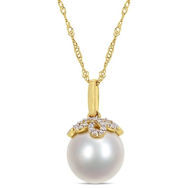 Pendentif Miabella avec perle cultivée de la mer du sud 10-11mm et accents de diamants en or jaune 14K, 17 po