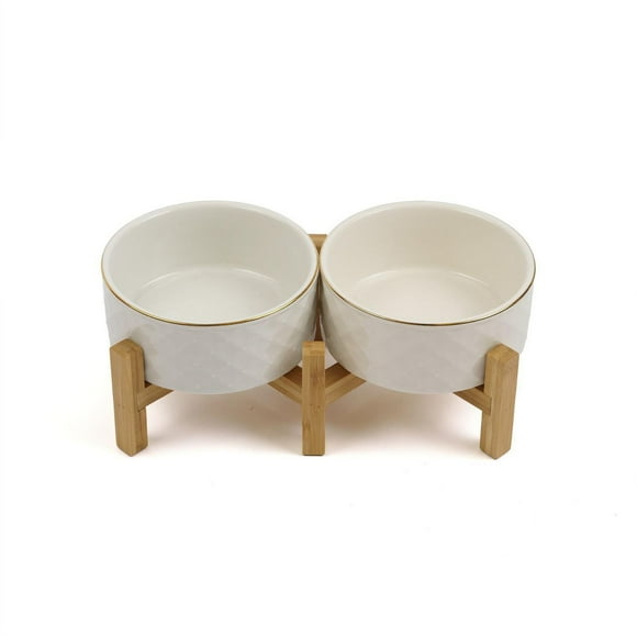 One Paw, Textured Ceramic Dog Bowls with Bamboo Stand, Non-Slip and Easy to Clean, 450 ml, Textured Ceramic Bowls with Bamboo Stand