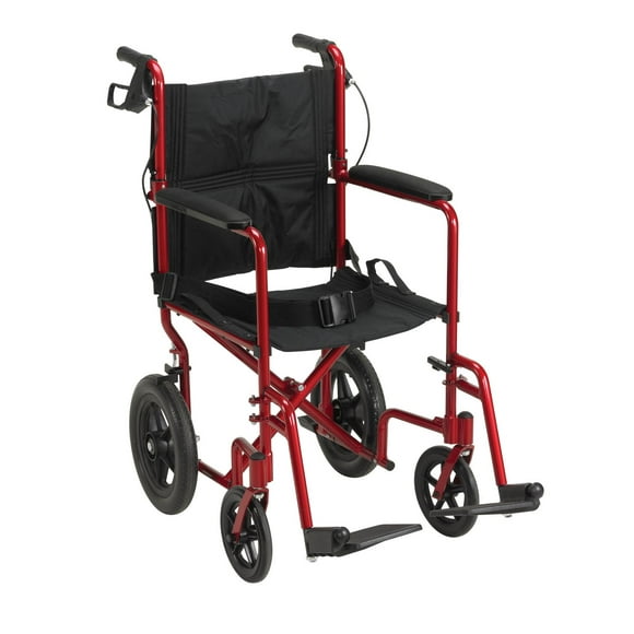 Drive Medical Red Lightweight Expedition Transport Wheelchair with Hand Brakes