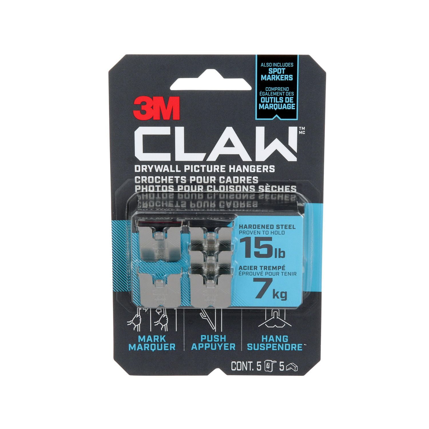 3M™ CLAW Drywall Picture Hanger with Temporary Spot Marker 3PH15M-5EF ,  Holds 15 lbs, 5 Hangers 5 Markers/Pack 