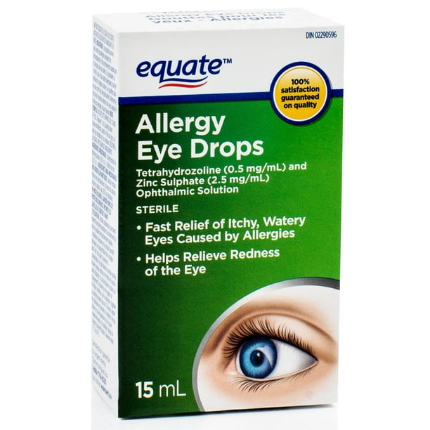 Equate Gouttes pour les yeux - Allergies, Solution ophtalmique de tétrahydrozoline (0,5 mg/mL) et de sulfate de zinc (2,5 mg/mL) Gouttes pour les yeux - Allergies, 15 ml