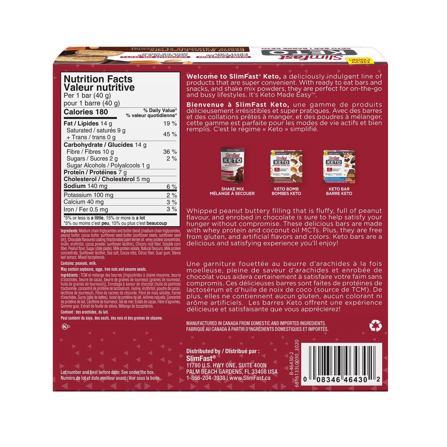 SlimFast Keto Bar with Whey Protein and Coconut Oil MCTs - Box of Peanut Butter Chocolate