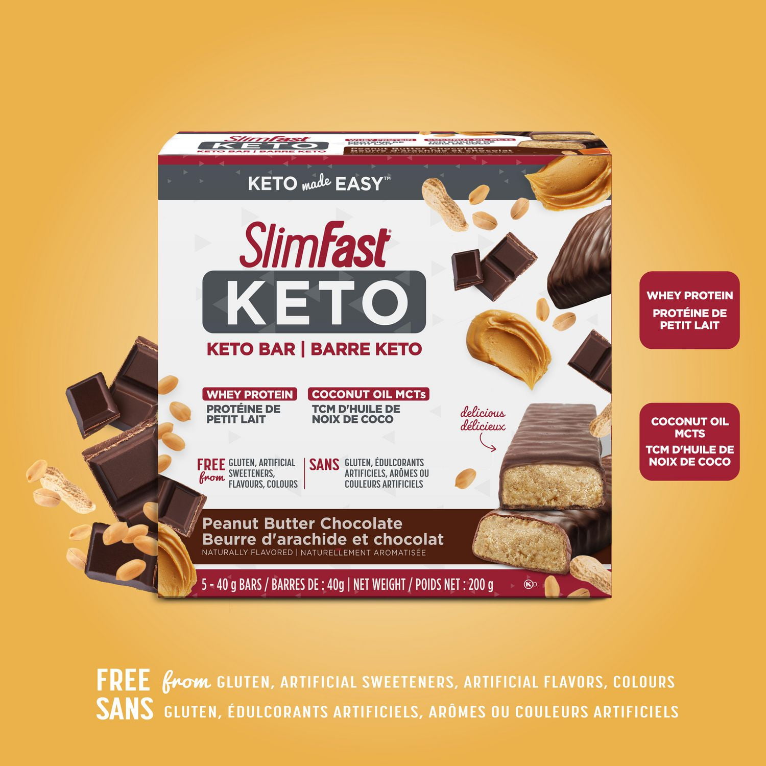 SlimFast Keto Bar with Whey Protein and Coconut Oil MCTs - Box of Peanut Butter Chocolate