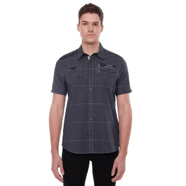 Dark Black Men's Short-Sleeve Plaid Button-Down Shirt with Pockets