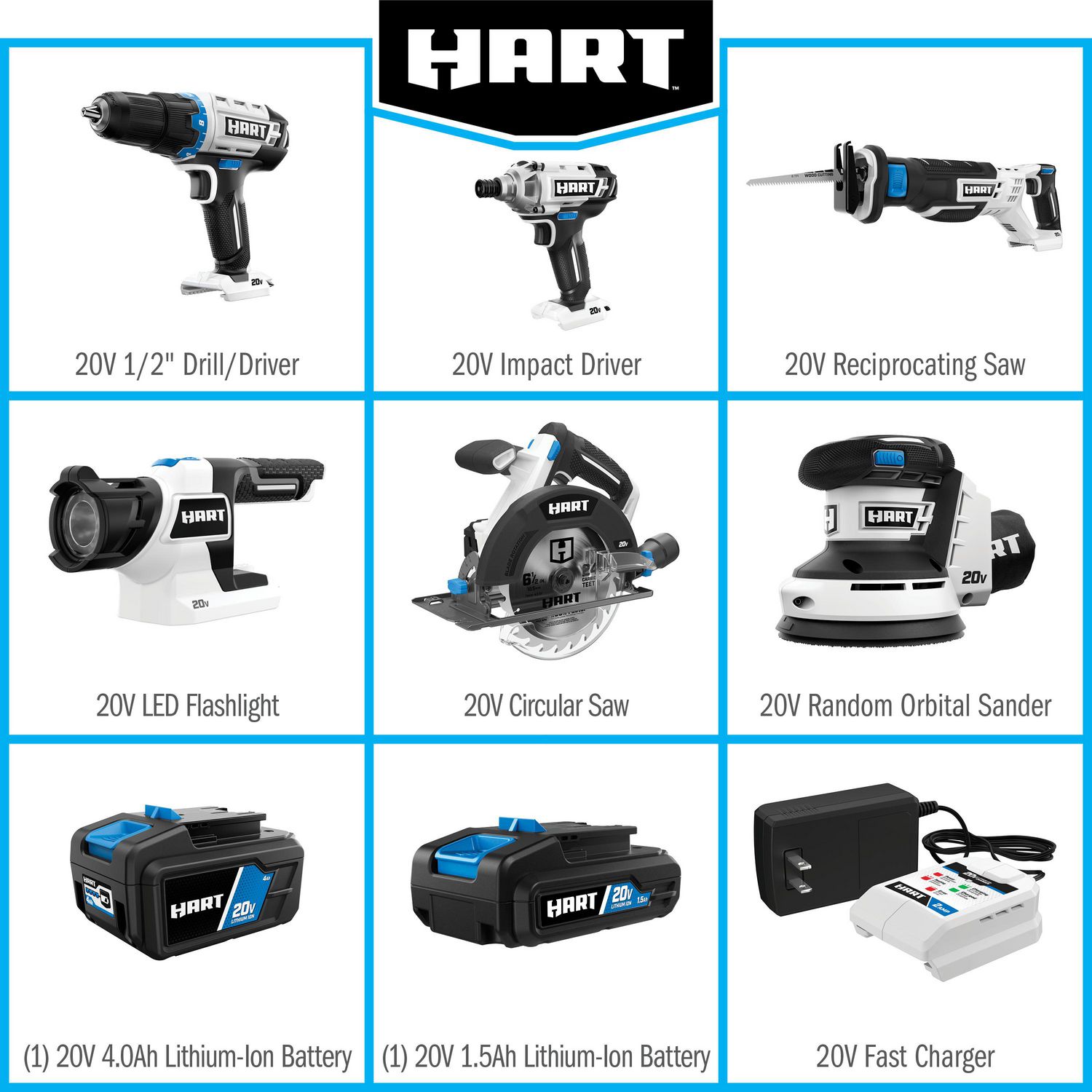 HART 20-Volt Cordless 6-Tool Combo Kit (1) 4.0Ah  (1) 1.5Ah Lithium-Ion  Batteries, Charger and Storage Bag