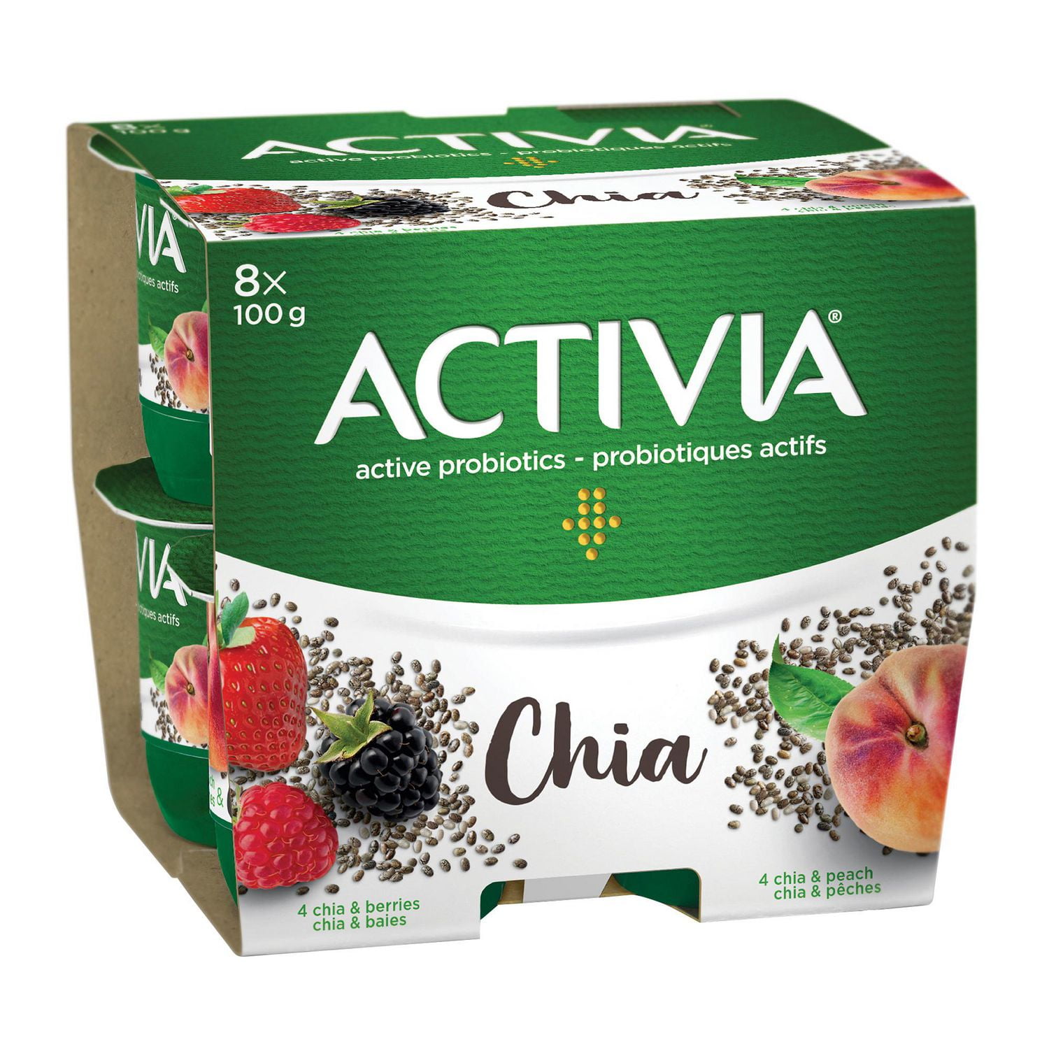 Activia Yogurt with Probiotics & Chia, Berries & Peach Cereal, 8x100g