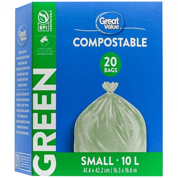 Sacs compostables verts format Petit Great Value 41,4 x 42,2 cm
