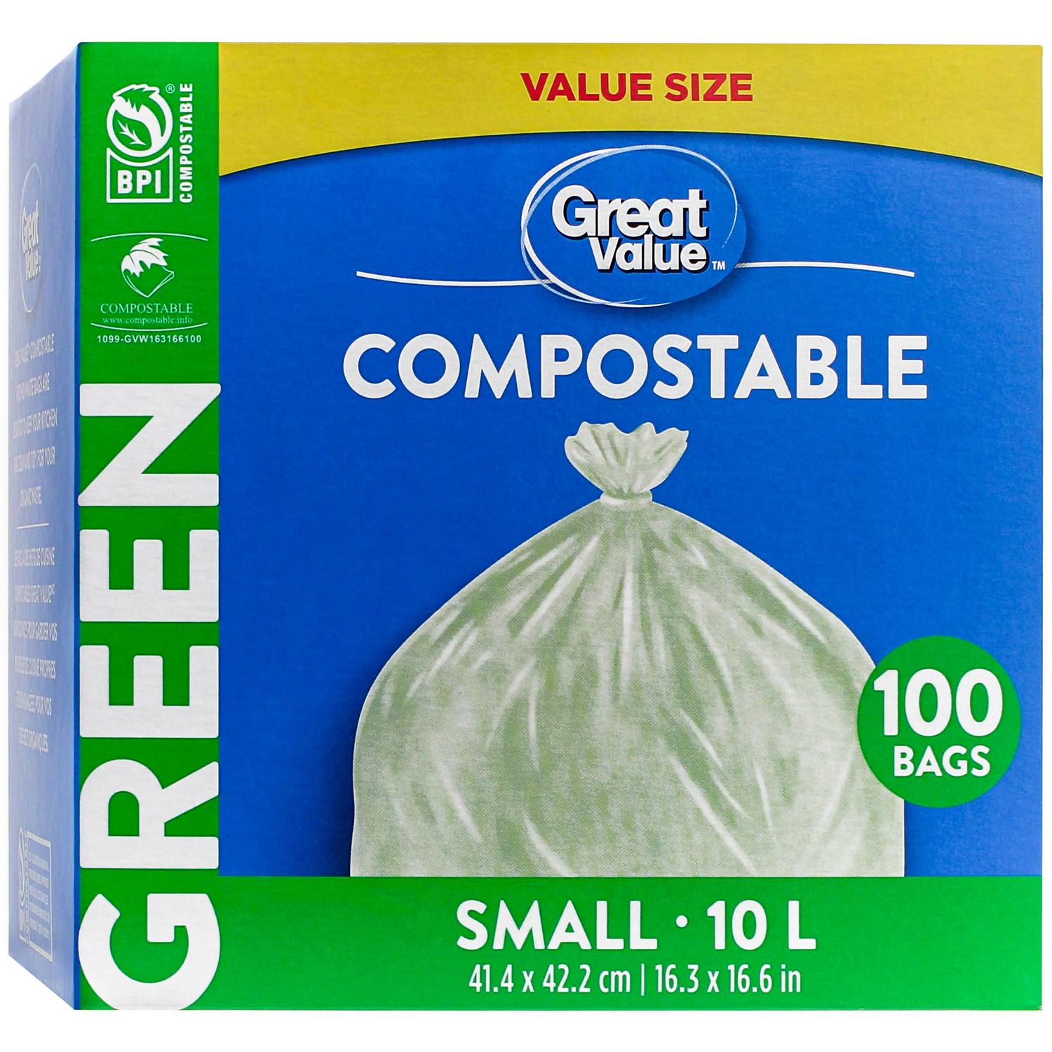 Sacs compostables verts format Petit Great Value 41,4 x 42,2 cm 