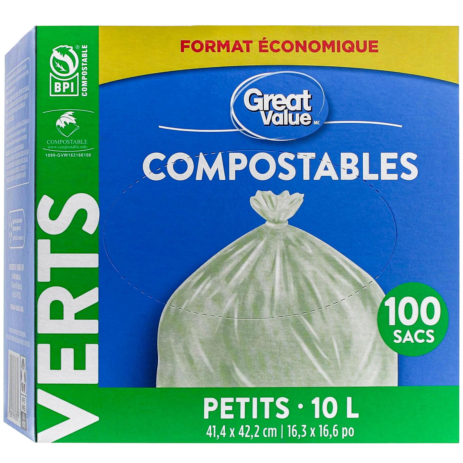 Sacs compostables verts format Petit Great Value 41,4 x 42,2 cm