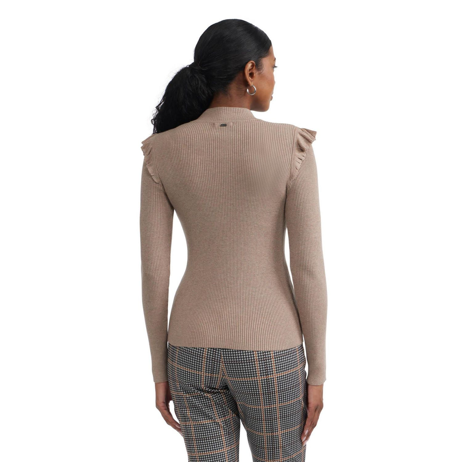 Mexx Women's Rib Knit Ruffle Sleeve Mock Neck Sweater