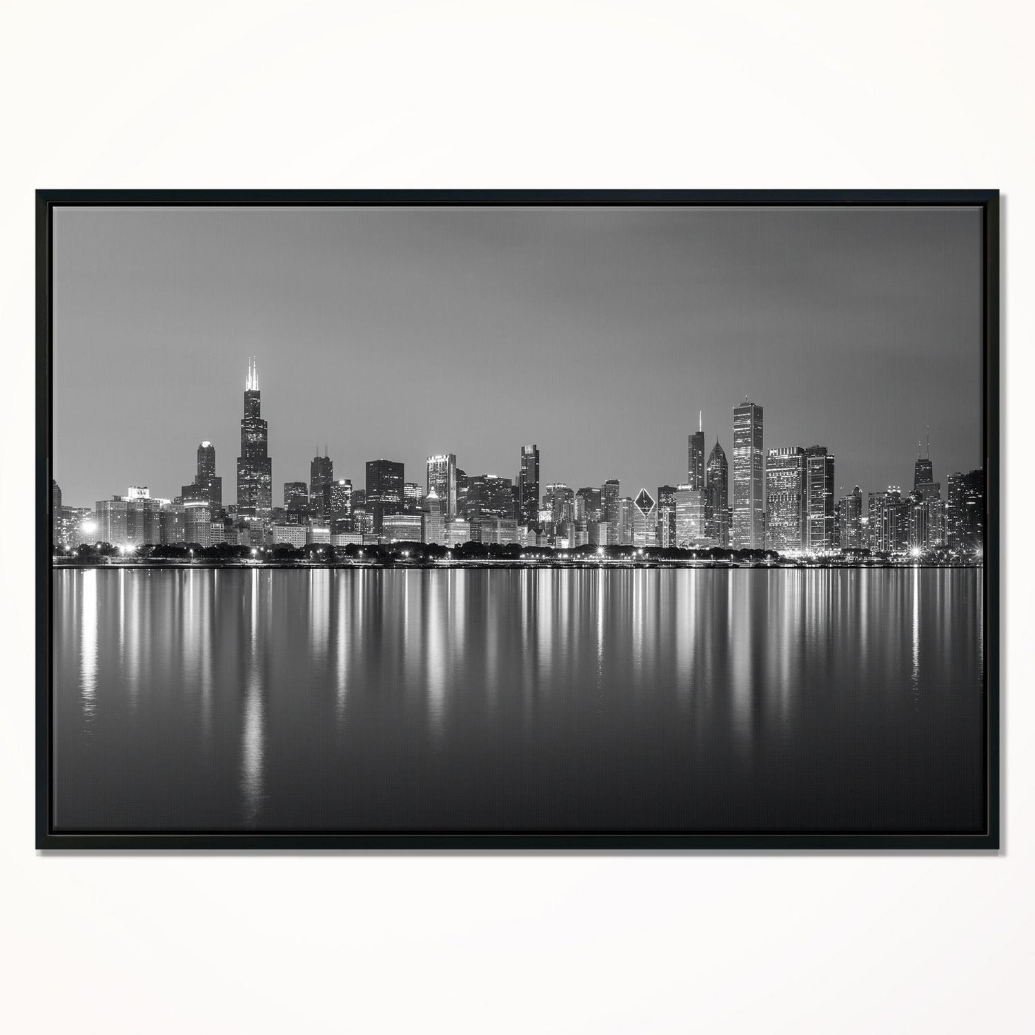 Design Art Chicago Skyline at Night Black And White Framed