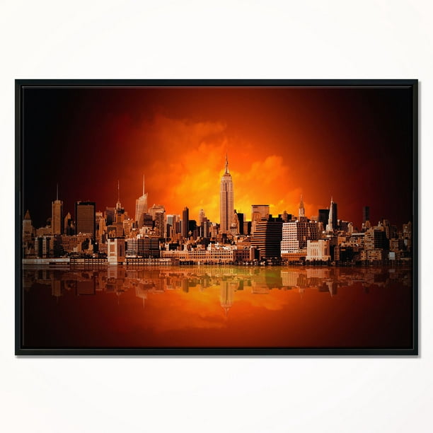 Design Art Panorama De New York City En Lumière Rouge  Sur Toile Encadrée