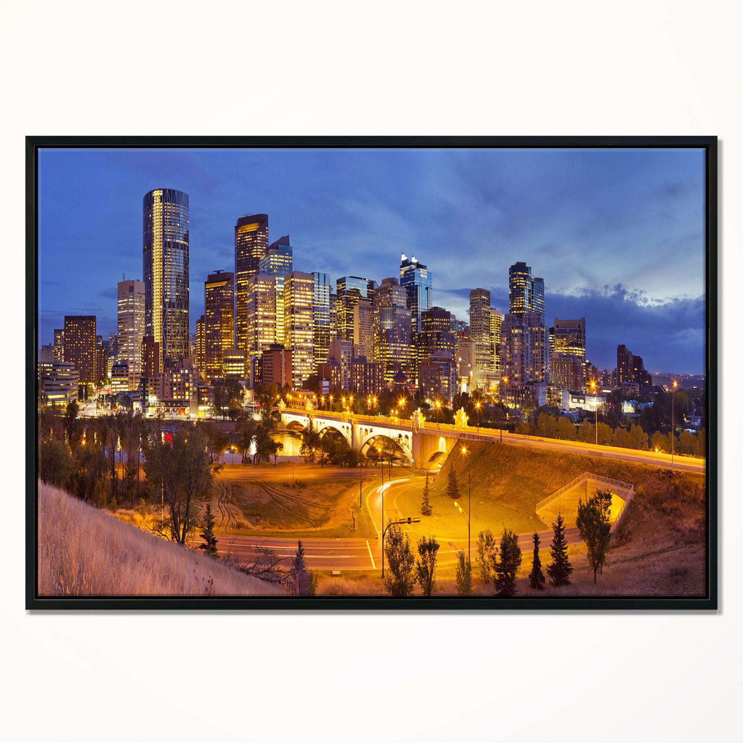 Design Art Skyline of Calgary at Night Panorama Framed Canvas Art Print Walmart Canada