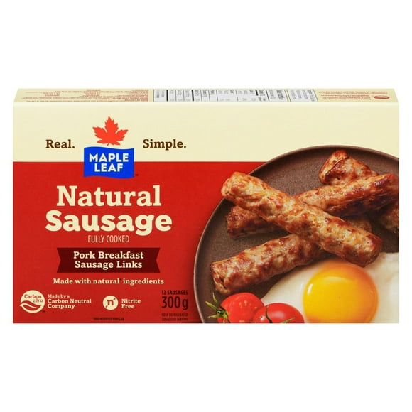 Maple Leaf Natural Pork Breakfast Sausage Fully Cooked, 300 g