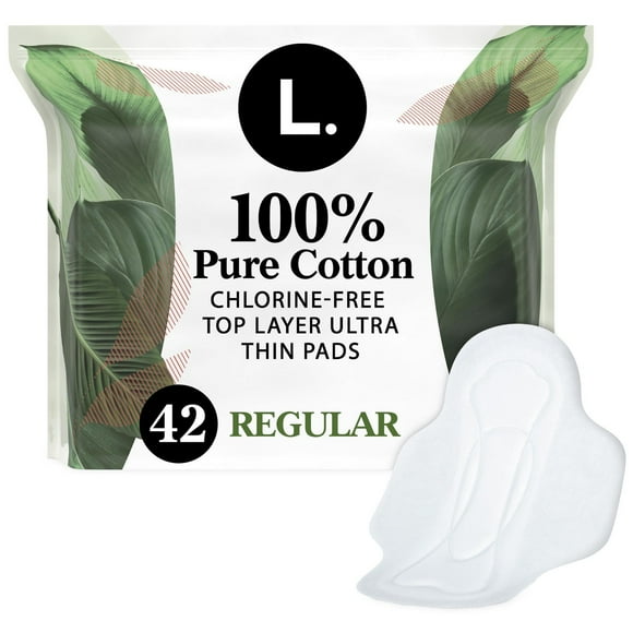 L. Ultra Thin Pads for Women, Regular Absorbency, 100% Pure Cotton Top Layer, Unscented Pads with Wings, 42CT