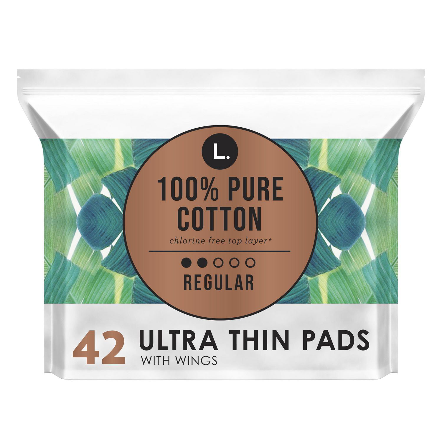 L. Ultra Thin Unscented Pads With Wings, Regular Absorbency, 100% Pure  Cotton Chlorine Free Top Layer, 42 Count