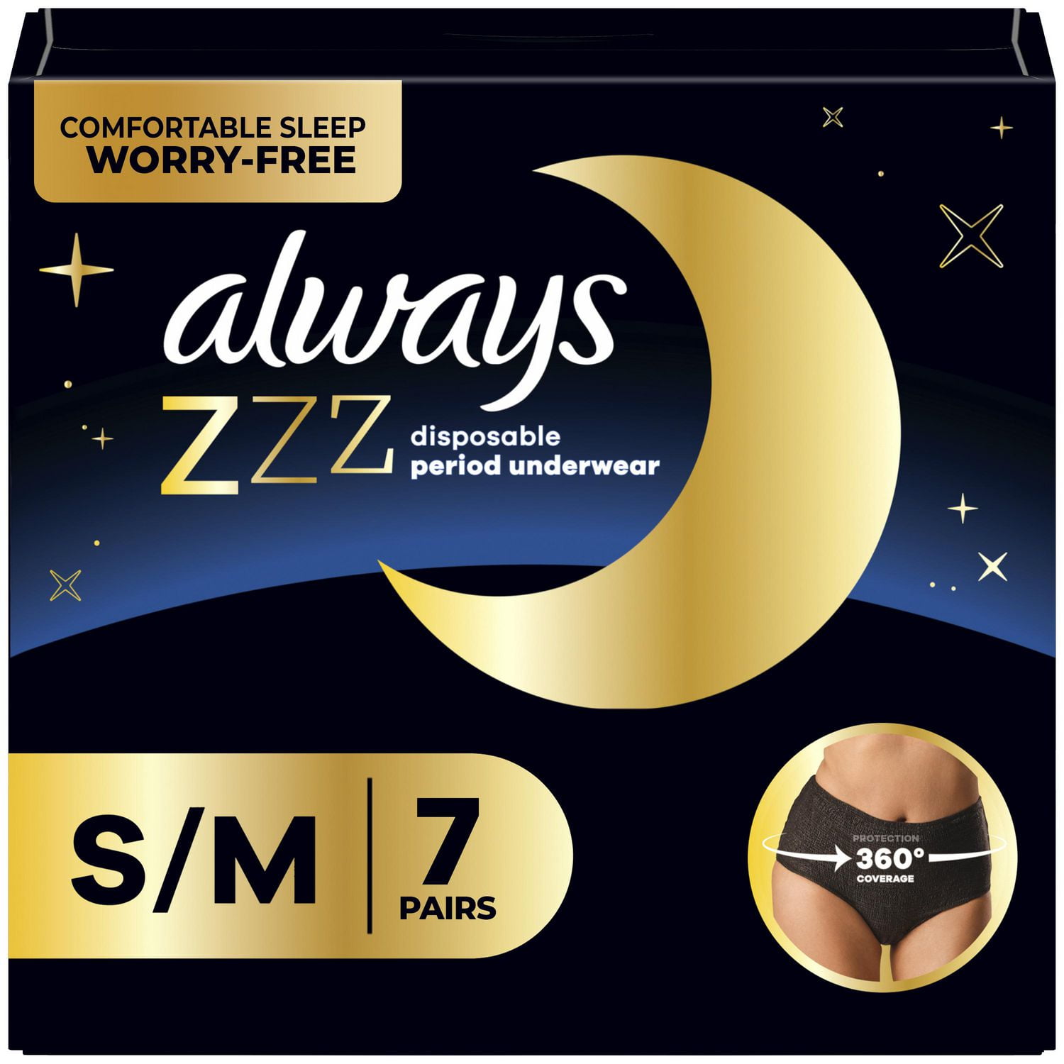 Always ZZZ Overnight Disposable Period Underwear for Women Size S/M, 360°  Coverage, 7 Count 