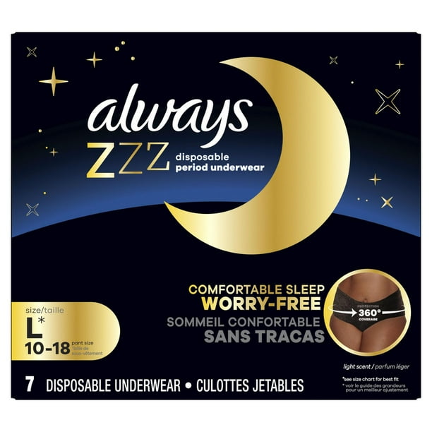Always ZZZ Overnight Disposable Period Underwear for Women Size LG, 360°  Coverage, 7 Count 