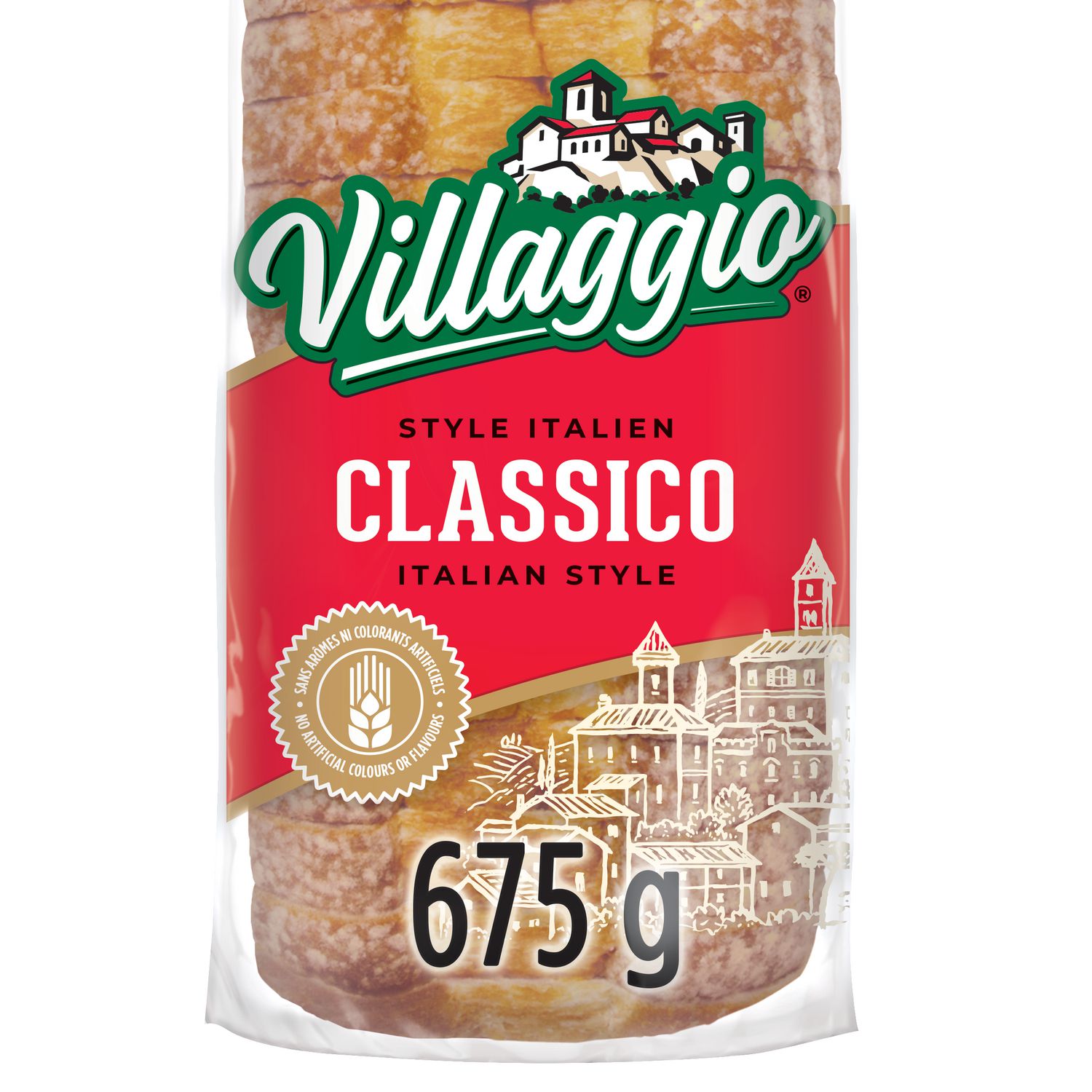 Villaggio® Classico Italian Style White Thick Sliced Bread front-facing loaf with thick uniform slices, golden crust lightly dusted with flour, baked in Quebec; Italian-style white bread ideal for breakfast or sandwiches and often used as a base for French toast or homemade croutons.