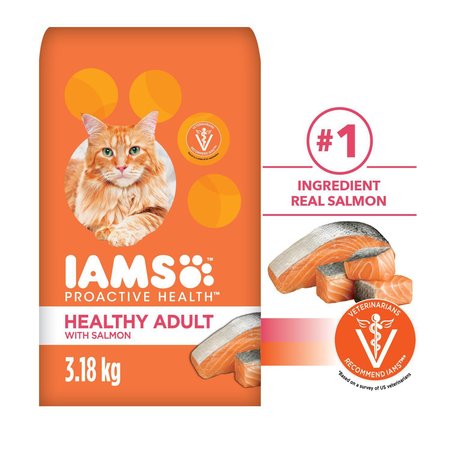 IAMS PROACTIVE HEALTH Healthy Adult Dry Cat Food With Salmon, 3.18kg