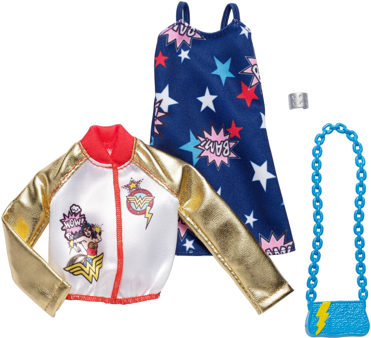 Barbie Clothing DC Comics Outfit for Barbie Doll Fashion Pack Wonder Woman Jacket With Blue Dress Walmart