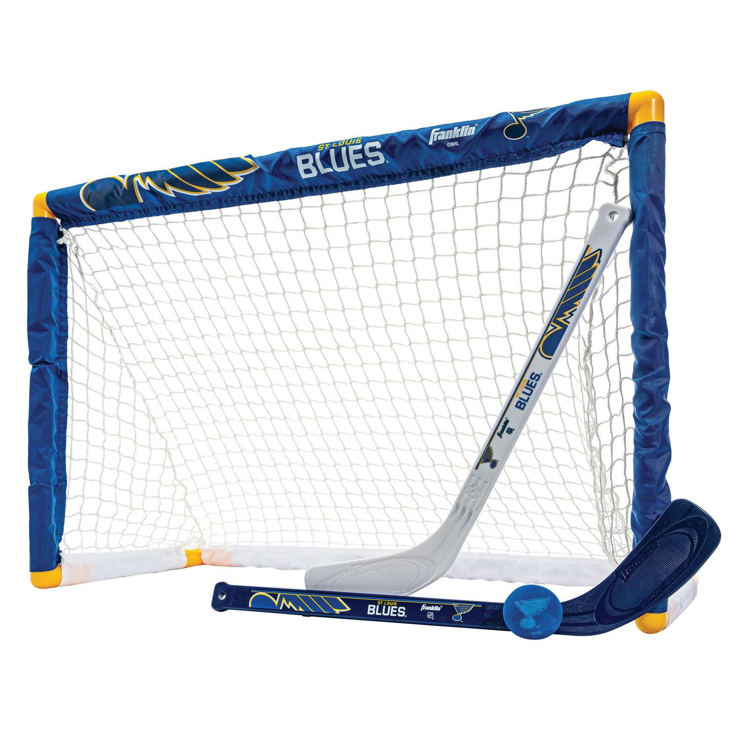 Franklin Sports NHL Blues Mini Hockey Set - Kids Indoor Knee Hockey Goal,  Ball, 2 Mini Hockey Stick Combo Set 