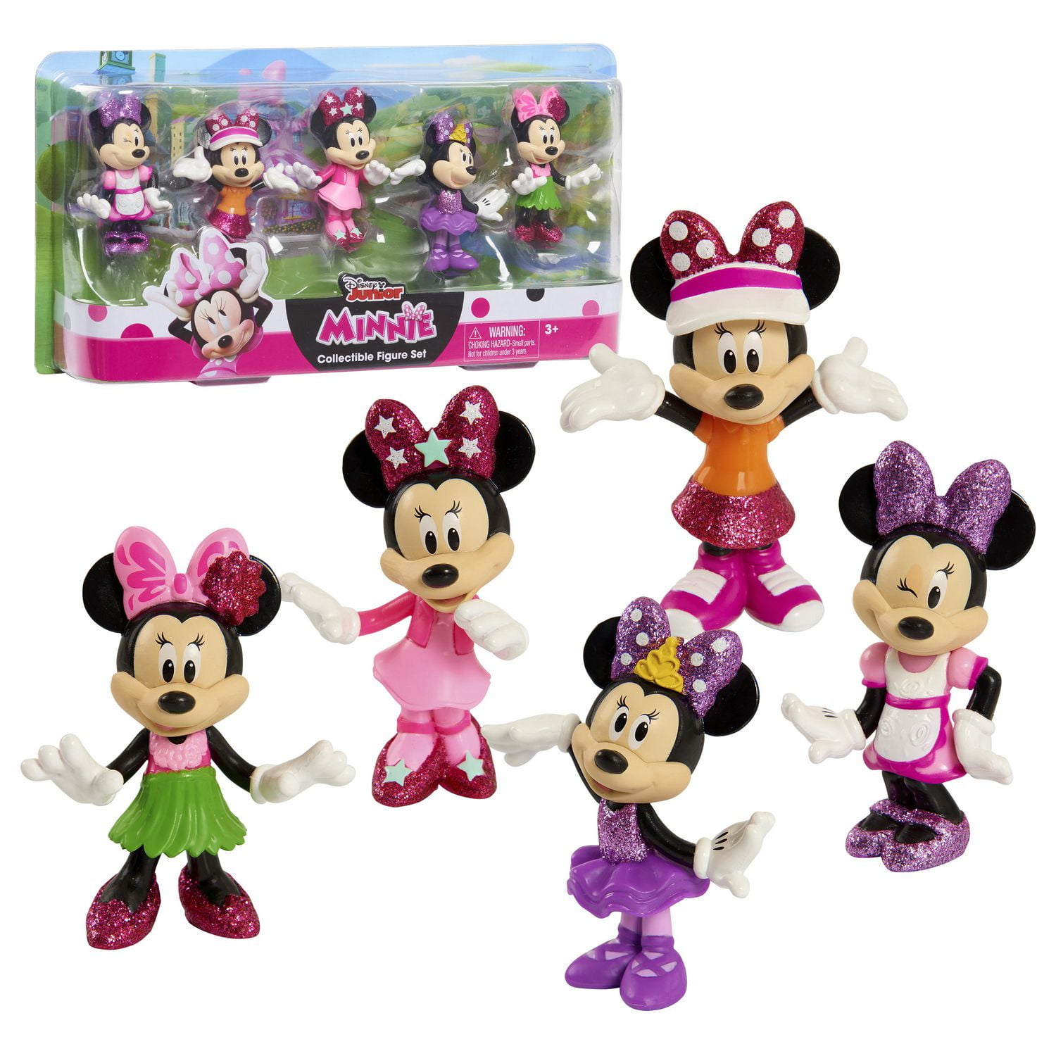 Just Play Disney Junior Minnie Mouse 3 inch Tall Collectible Figure Set, 5  Piece Set Includes Tennis, Hula, Candy Maker, Popstar, and Ballerina  Outfits, Kids Toys for Ages 3 up, Disney Junior
