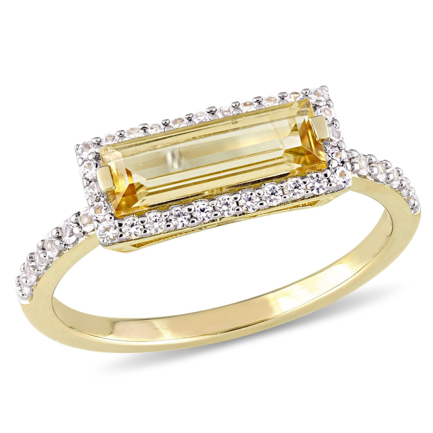Tangelo 1.54 Carat T.G.W. Citrine And White Sapphire Yellow Rhodium-Plated Sterling Silver Baguette HALO Ring