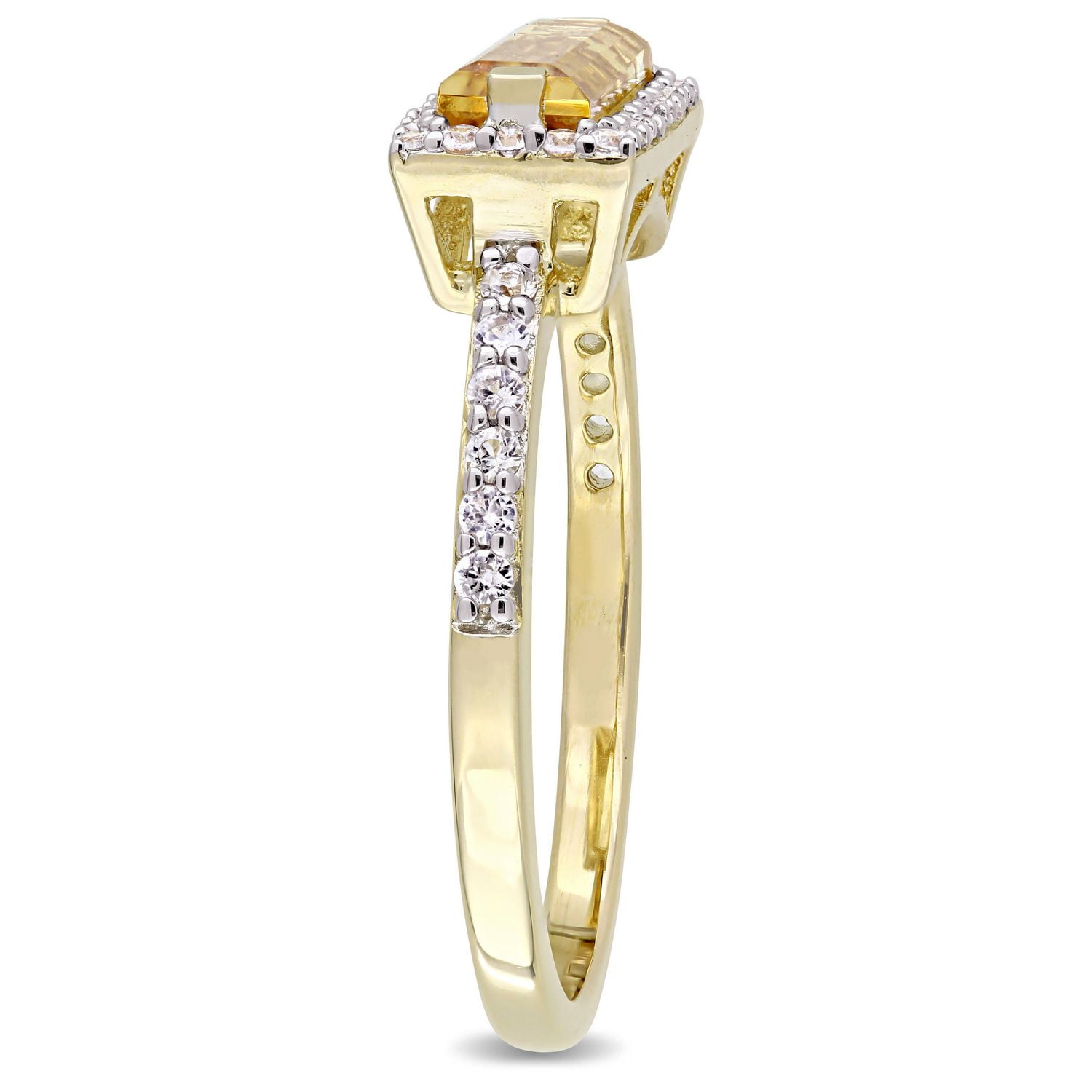 Tangelo 1.54 Carat T.G.W. Citrine And White Sapphire Yellow Rhodium-Plated Sterling Silver Baguette HALO Ring