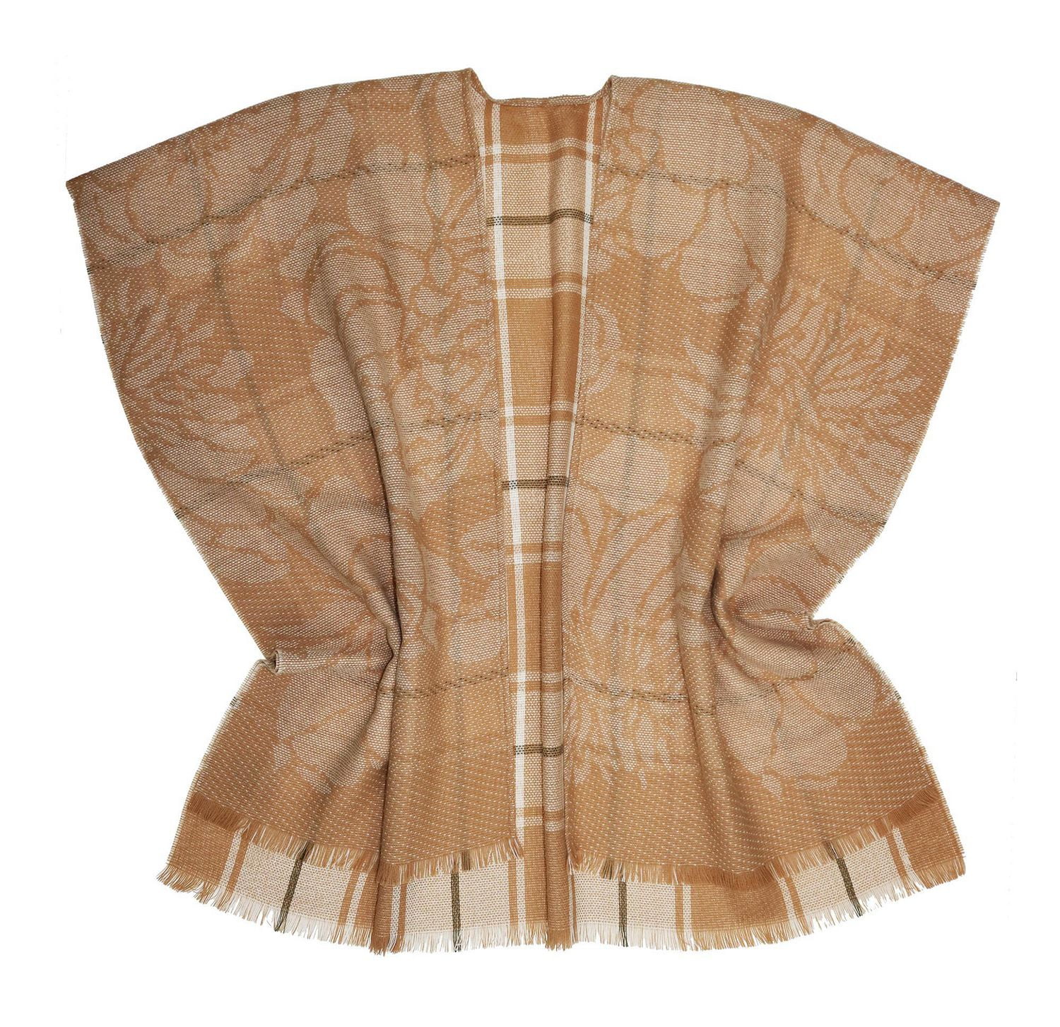 V. Fraas Ladies Acrylic Reversible Floral Plaid Ruana - Cream/Beige ...