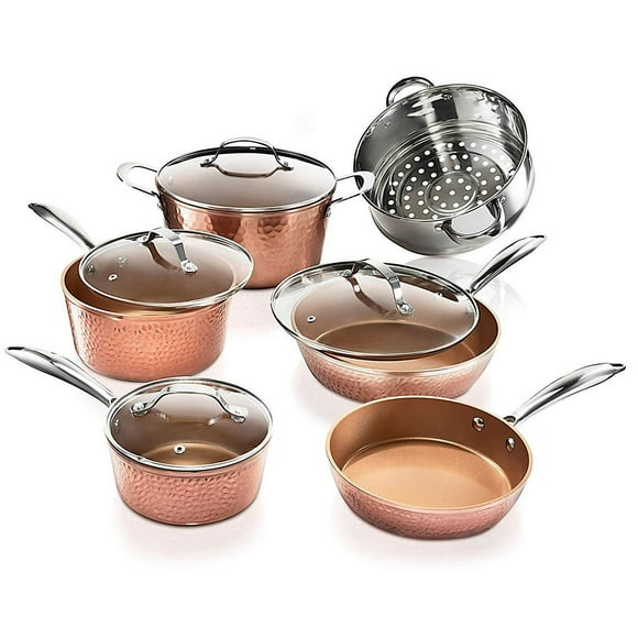 Gotham Steel - Ensemble de casseroles et poêlons martelés avec surface en cuivre antiadhésif à triple revêtement et composition en aluminium pour un chauffage uniforme, allant au four, au four et au lave-vaisselle