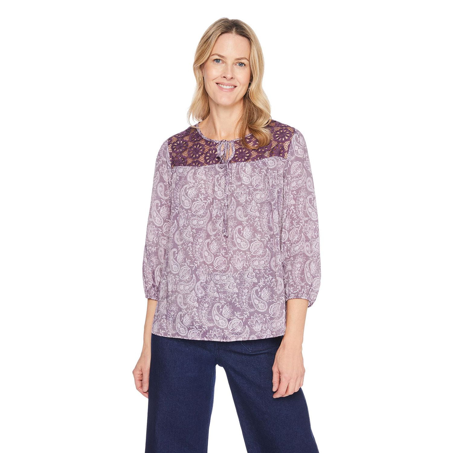 Iyla Women's Lace Trim Peasant Blouse, Sizes S-XXL