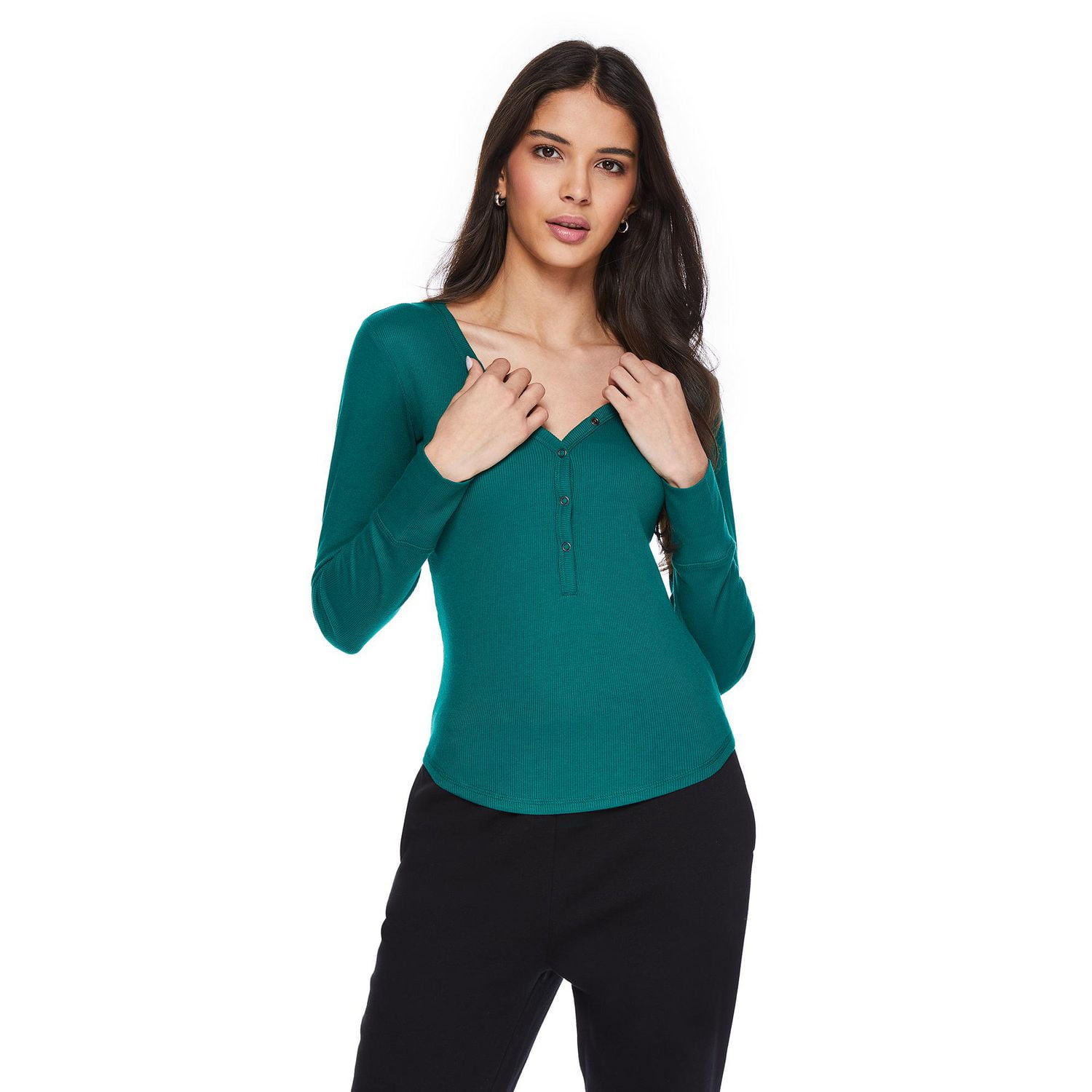No Boundaries Women's Long Sleeve Henley Top