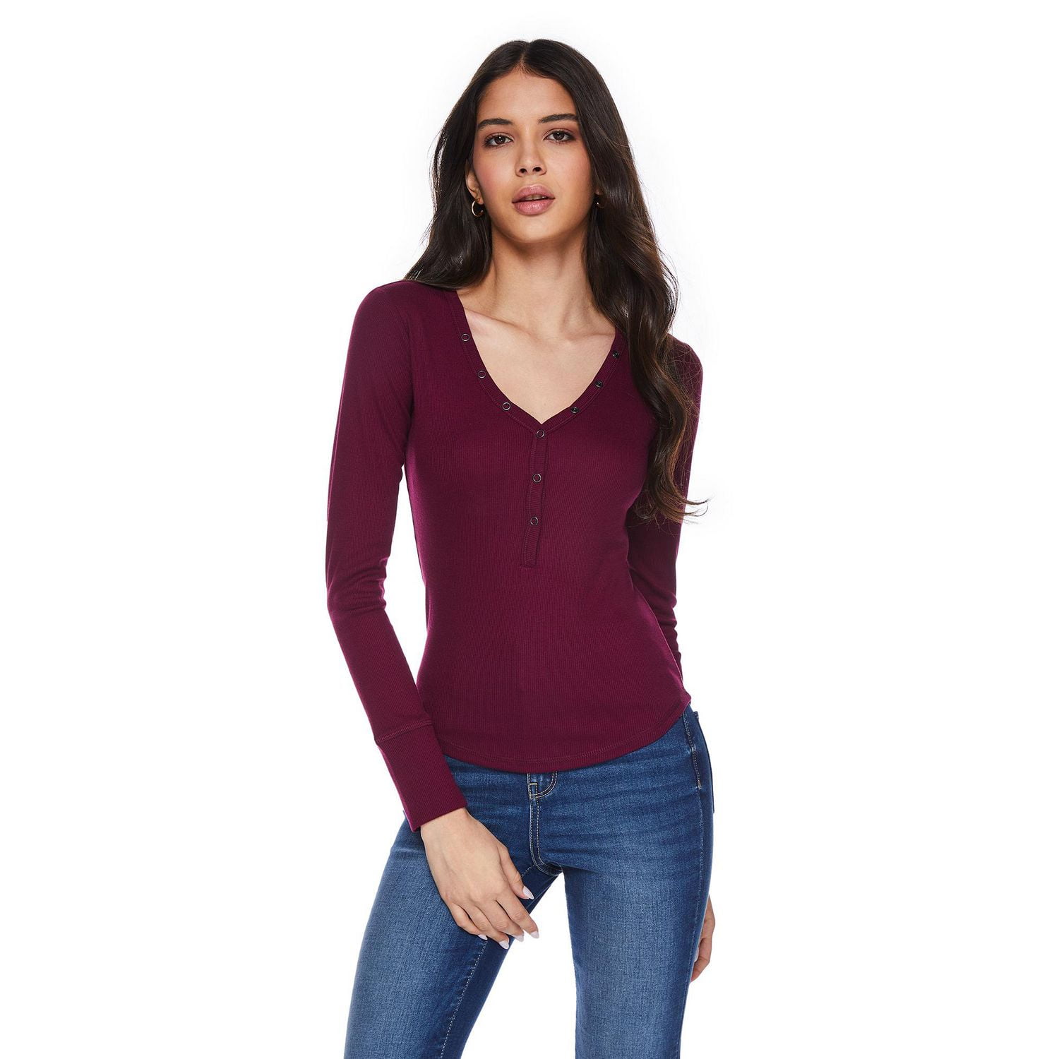 No Boundaries Women's Long Sleeve Henley Top, Sizes XS-XXL