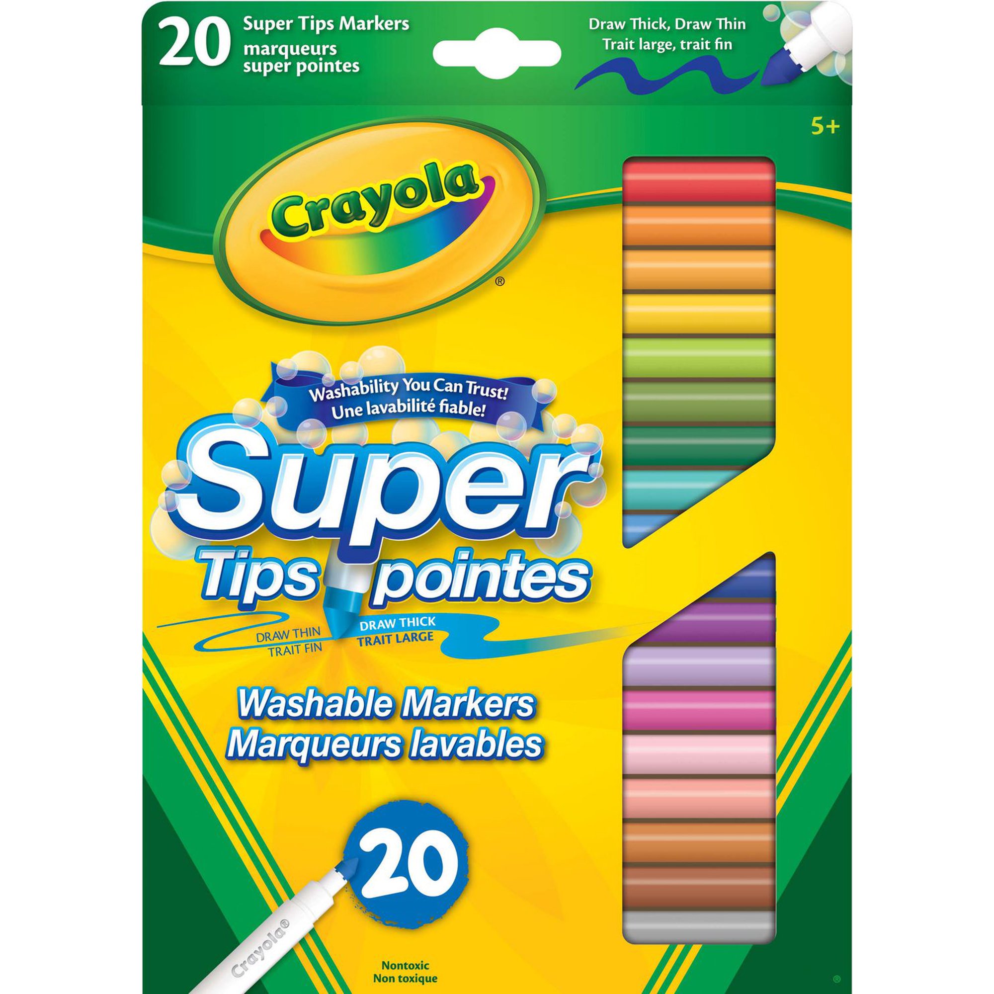 Marqueurs Super pointes lavables, 20 ct Paquet de 20 marqueurs lavables  avec de super pointes de Crayola. Des marqueurs offre une application de  couleur impeccable, qui couvre parfaitement.. 