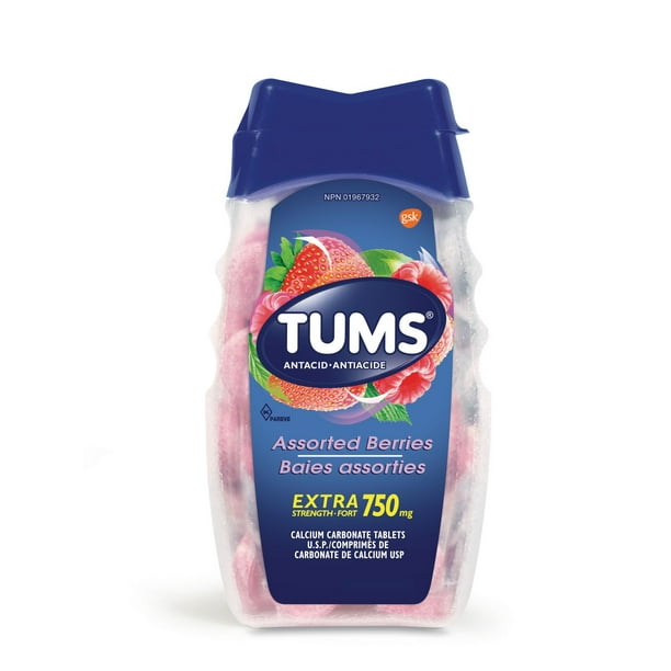 Comprimés antiacide de carbonate de calcium extra-fort de Tums 100 comprimés, variété de petits fruits