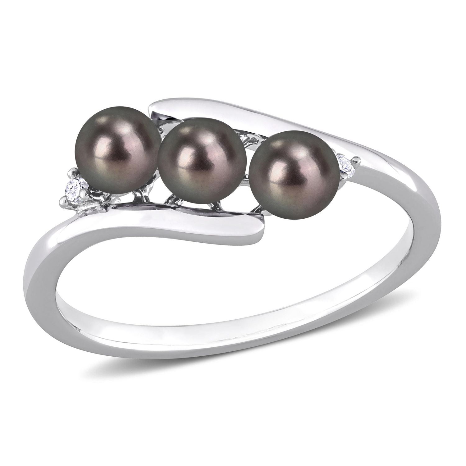 Miabella Black Freshwater Cultured Pearl and Diamond Accent Sterling Silver 3-Stone Bypass Ring