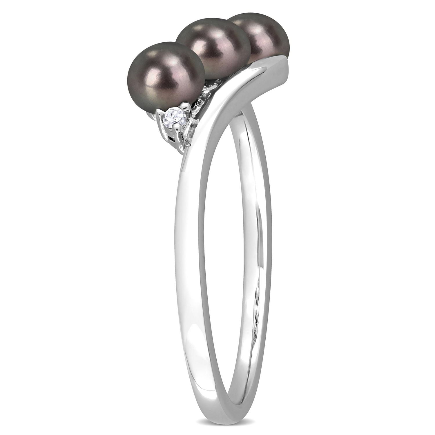 Miabella Black Freshwater Cultured Pearl and Diamond Accent Sterling Silver 3-Stone Bypass Ring