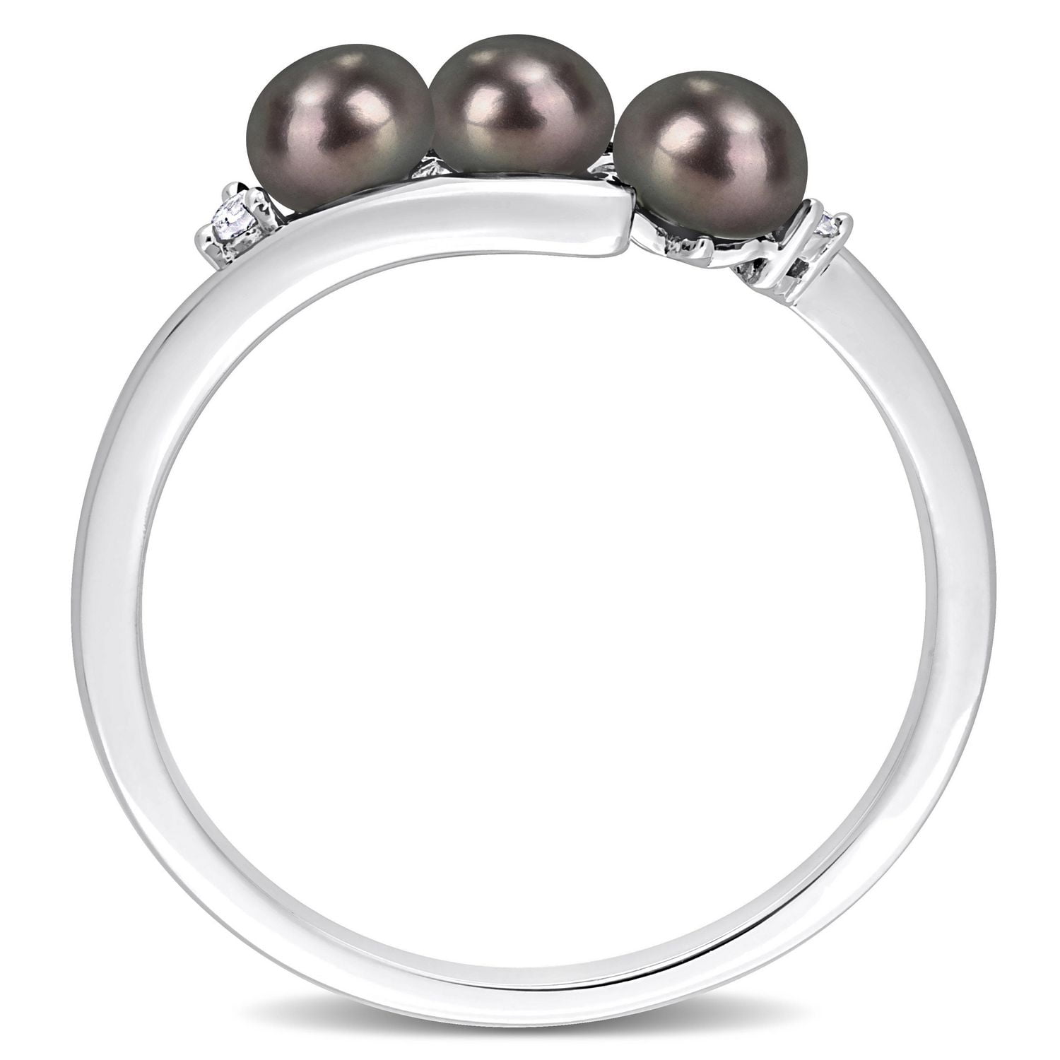 Miabella Black Freshwater Cultured Pearl and Diamond Accent Sterling Silver 3-Stone Bypass Ring