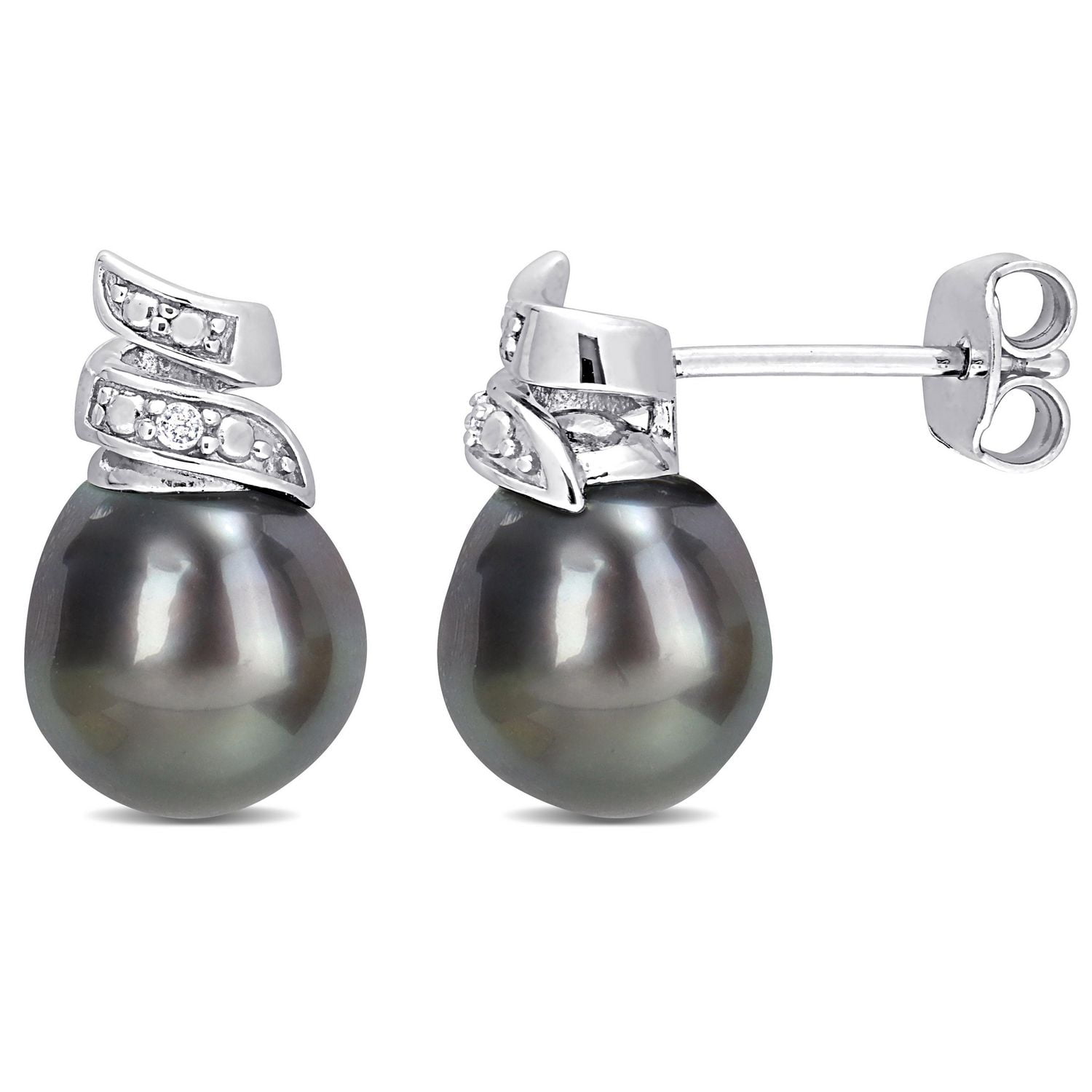 Miabella Tahitian Cultured Pearl and Diamond Accent Sterling Silver Swirl Stud Earrings
