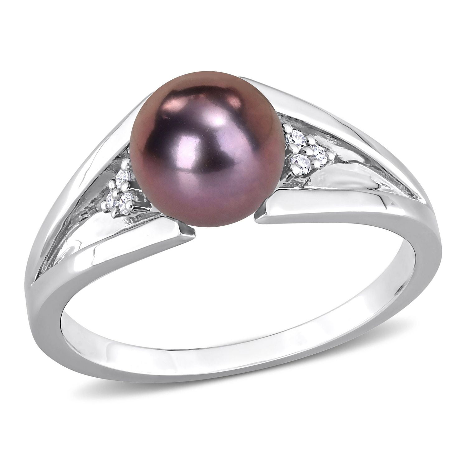 Miabella Black Freshwater Cultured Pearl and Diamond Accent Sterling Silver Split Shank Ring