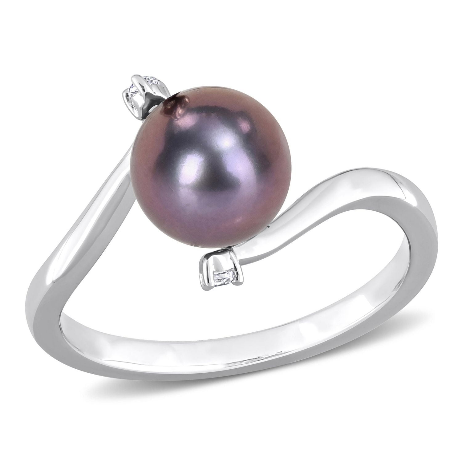 Miabella Black Freshwater Cultured Pearl and White Topaz Sterling Silver Bypass Ring