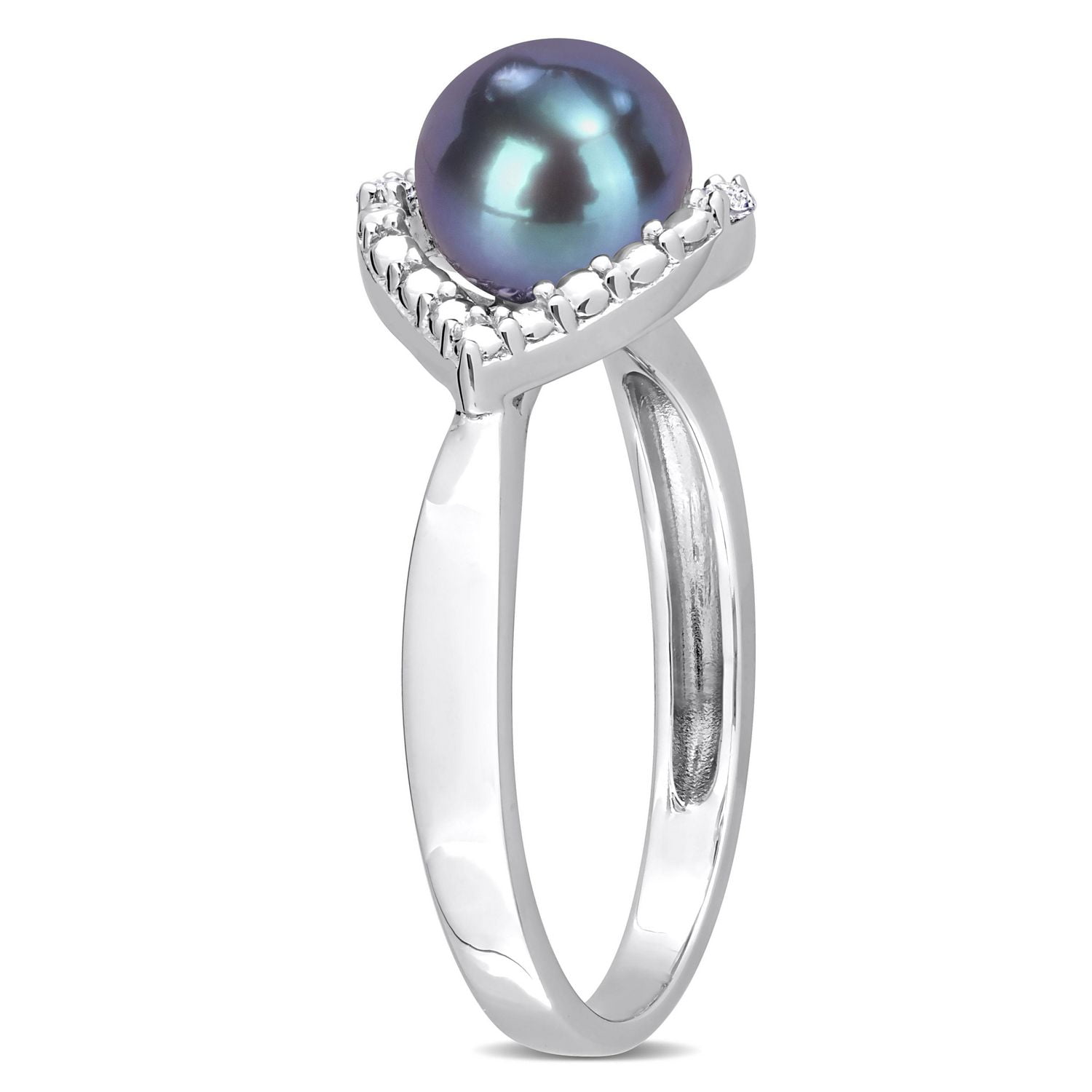 Miabella Black Freshwater Cultured Pearl and White Topaz Sterling Silver Halo Cocktail Ring