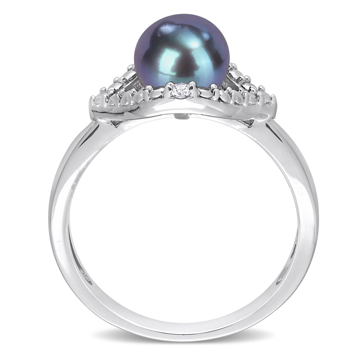 Miabella Black Freshwater Cultured Pearl and White Topaz Sterling Silver Halo Cocktail Ring